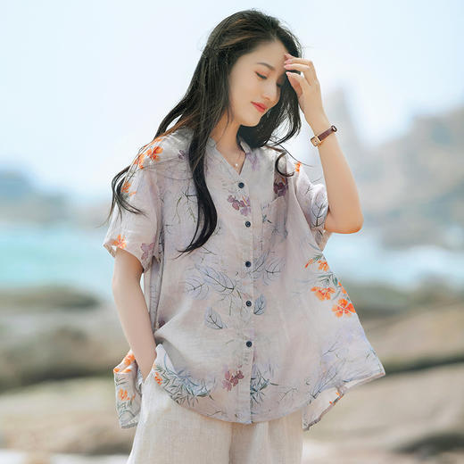 WDL21D8715复古文艺印花短袖衬衫夏季薄款透气心机领开衫女士棉麻叠穿衬衣女 商品图4