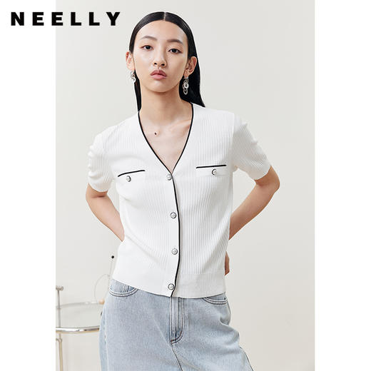 NEELLY纳俪商场同款撞色短袖小香风针织衫女气质V领修身上衣夏季N22041A01001 商品图0