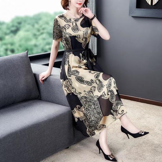 YMR9216新款复古优雅气质宽松圆领短袖中长款印花连衣裙 商品图1