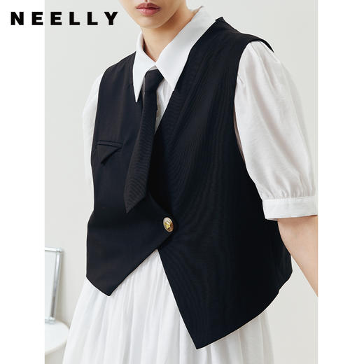 NEELLY纳俪假两件连衣裙女可脱卸领带衬衫式A字裙泡泡袖中长款N22041Y01018 商品图1