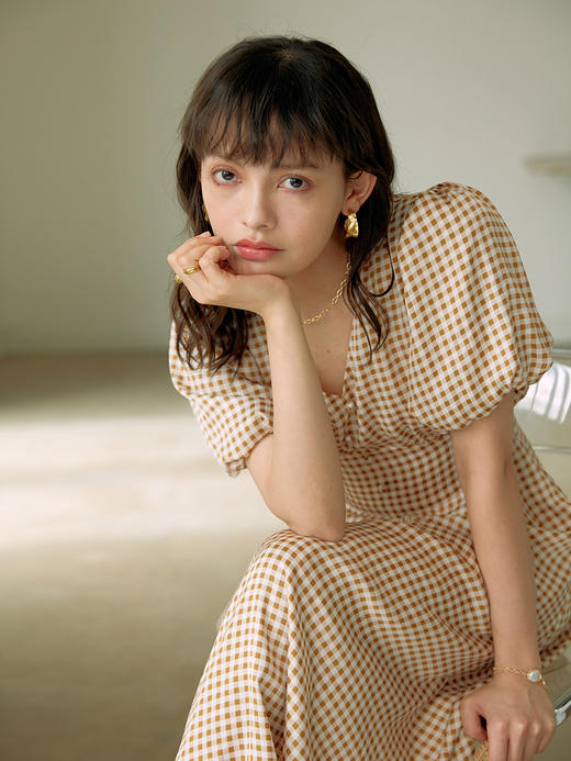 HeyDress格子连衣裙女夏季法式复古高腰显瘦泡泡袖长裙雪纺裙子 商品图0