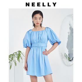 NEELLY纳俪商场同款日系方领抽褶夸张泡泡袖收腰中长款大摆连衣裙N22044Y04553