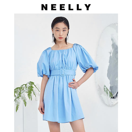 NEELLY纳俪商场同款日系方领抽褶夸张泡泡袖收腰中长款大摆连衣裙N22044Y04553 商品图0