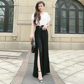 【WZNH】时尚气质开叉阔腿裤套装两件套女2022夏季新款高腰修身撞色套装女