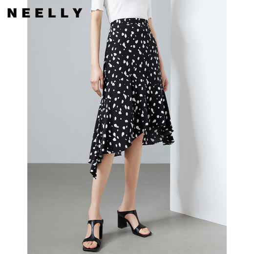NEELLY纳俪商场同款撞色高腰半身裙女不规则裙摆气质A字裙潮新款N22044E04427 商品图3