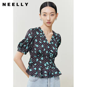 NEELLY纳俪商场同款法式浪漫气质V领泡泡袖衬衫女夏季短款上衣N22041R01013