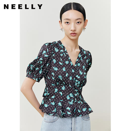 NEELLY纳俪商场同款法式浪漫气质V领泡泡袖衬衫女夏季短款上衣N22041R01013 商品图0