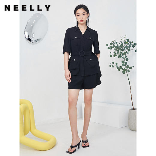 NEELLY纳俪商场同款时尚套装女夏季多口袋收腰系带衬衫休闲短裤N22044Z04419 商品图2