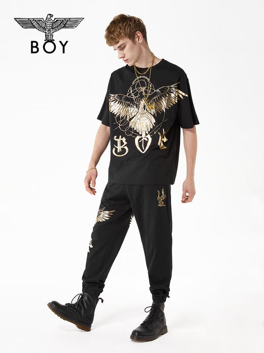 BOYLONDON长裤男女同款22春夏新品烫金休闲老鹰束脚卫裤B221N15014 商品图2