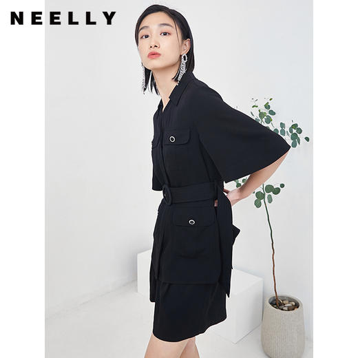 NEELLY纳俪商场同款时尚套装女夏季多口袋收腰系带衬衫休闲短裤N22044Z04419 商品图1