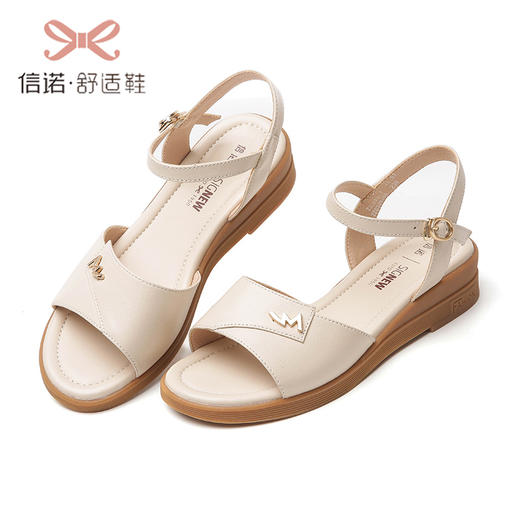 信诺 真皮舒适女鞋 妈妈凉鞋夏款夏季平底中年防滑软底中老年坡跟22L223-7 商品图0