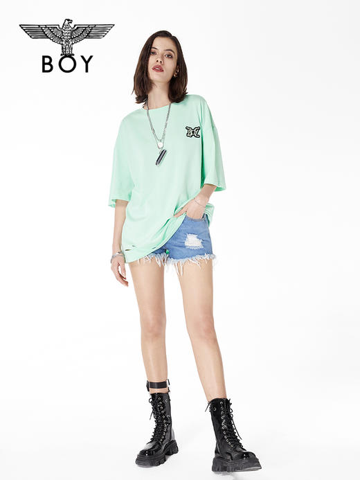 BOYLONDON短袖男女同款22春夏新品抹茶绿圆领休闲破洞T恤B221N01034 商品图3