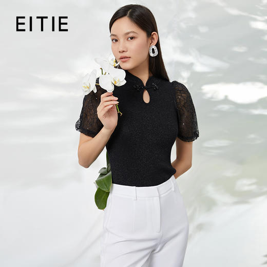 EITIE爱特爱夏季新款气质显瘦立领黑色中式盘扣修身针织上衣B2201904 商品图0