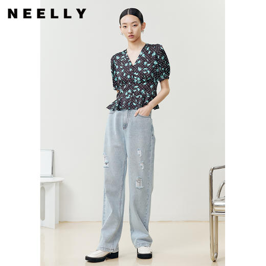NEELLY纳俪商场同款法式浪漫气质V领泡泡袖衬衫女夏季短款上衣N22041R01013 商品图2