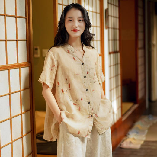 WDL21D8715复古文艺印花短袖衬衫夏季薄款透气心机领开衫女士棉麻叠穿衬衣女 商品图3