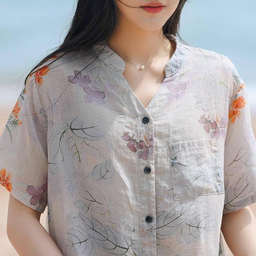 WDL21D8715复古文艺印花短袖衬衫夏季薄款透气心机领开衫女士棉麻叠穿衬衣女 商品图1