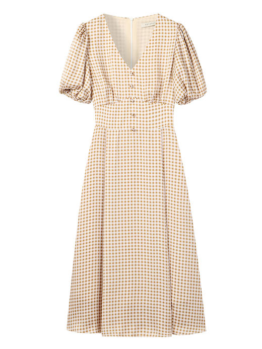 HeyDress格子连衣裙女夏季法式复古高腰显瘦泡泡袖长裙雪纺裙子 商品图3