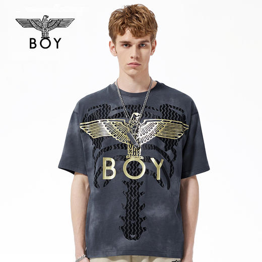 BOYLONDON短袖男女同款22春夏新品烫金LOGO水波纹分割感T恤B221N01032 商品图0
