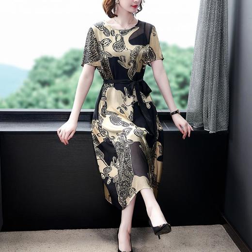 YMR9216新款复古优雅气质宽松圆领短袖中长款印花连衣裙 商品图3