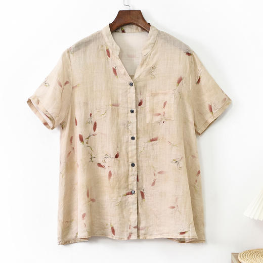 WDL21D8715复古文艺印花短袖衬衫夏季薄款透气心机领开衫女士棉麻叠穿衬衣女 商品图5