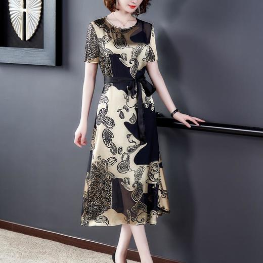 YMR9216新款复古优雅气质宽松圆领短袖中长款印花连衣裙 商品图0