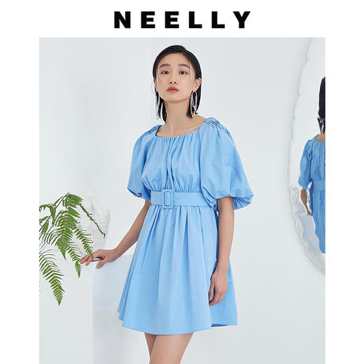 NEELLY纳俪商场同款日系方领抽褶夸张泡泡袖收腰中长款大摆连衣裙N22044Y04553 商品图1