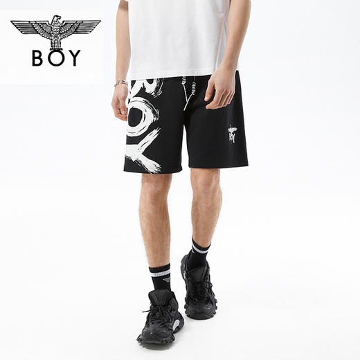 BOYLONDON短裤22春季新品黑白撞色抽绳大LOGO针织五分裤B221N13000 商品图0