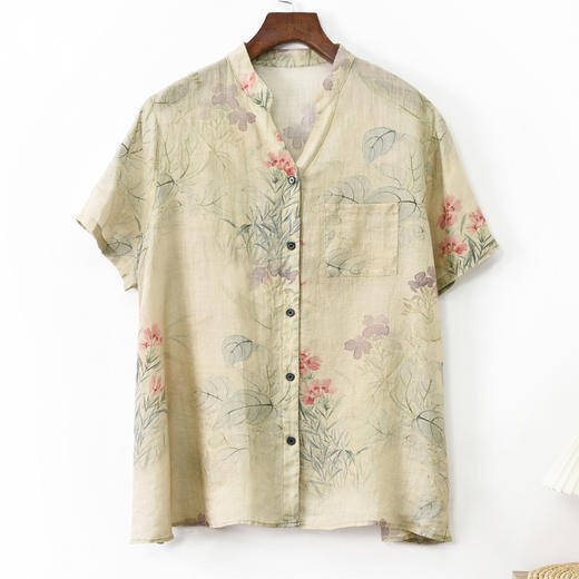 WDL21D8715复古文艺印花短袖衬衫夏季薄款透气心机领开衫女士棉麻叠穿衬衣女 商品图6