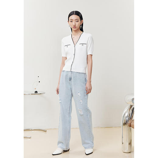 NEELLY纳俪商场同款撞色短袖小香风针织衫女气质V领修身上衣夏季N22041A01001 商品图4