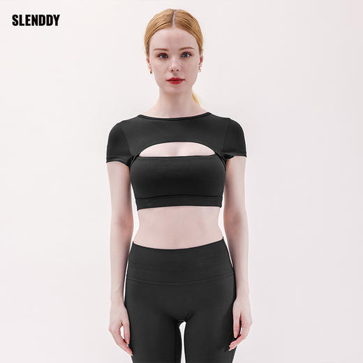 SLENDDY运动健身短袖缕空上衣女性感瑜伽含胸垫T恤 S2009 商品图0