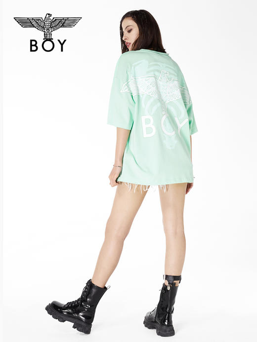BOYLONDON短袖男女同款22春夏新品抹茶绿圆领休闲破洞T恤B221N01034 商品图4