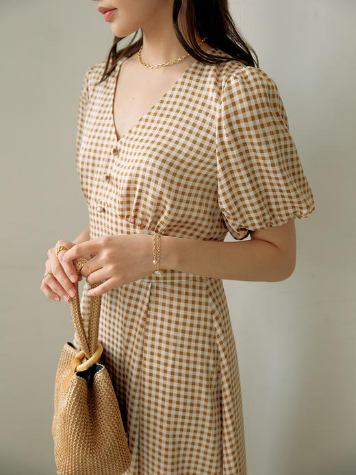 HeyDress格子连衣裙女夏季法式复古高腰显瘦泡泡袖长裙雪纺裙子 商品图1