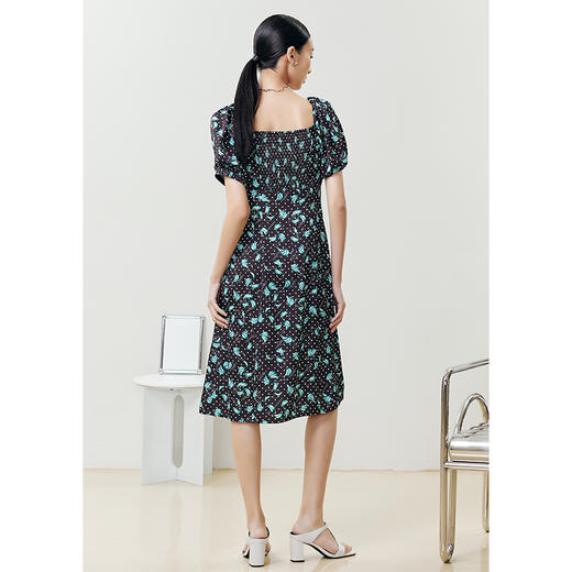 NEELLY纳俪商场同款法式满印连衣裙女方领泡泡袖收腰A字裙中长款 商品图4