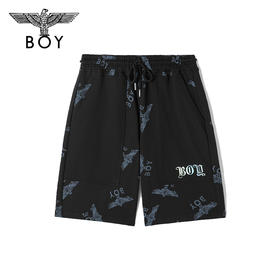 BOYLONDON休闲裤男女款22夏季新品老鹰满印黑色宽松短裤B222N13022