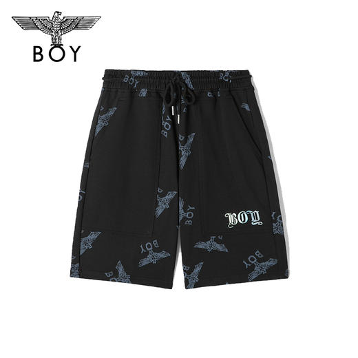 BOYLONDON休闲裤男女款22夏季新品老鹰满印黑色宽松短裤B222N13022 商品图0