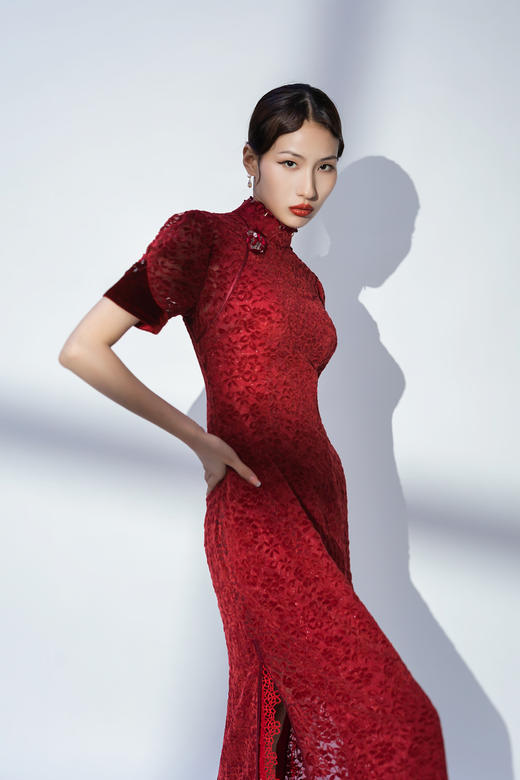 荷言HEYEN 画楼深 红色植绒镂空蕾丝+精致玫瑰盘扣胸针+别致月牙领 商品图3