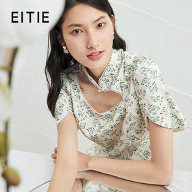 EITIE爱特爱夏新款立领镂空清新碎花温柔气质改良旗袍连衣裙B2207968