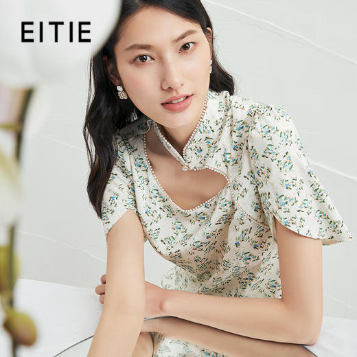 EITIE爱特爱夏新款立领镂空清新碎花温柔气质改良旗袍连衣裙B2207968 商品图0