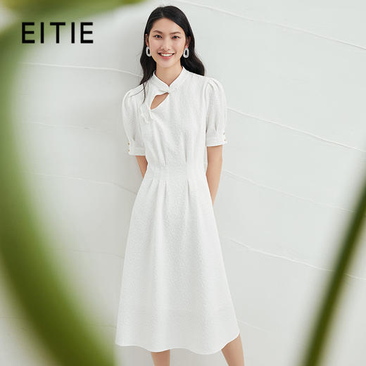 EITIE爱特爱夏新款时尚显瘦通勤气质中式立领收腰白色连衣裙B2207928 商品图0