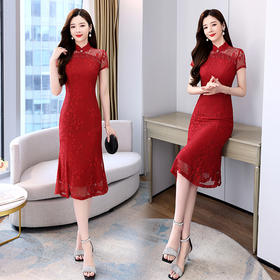 优雅气质立领，飘带中长款A字裙连衣裙HR-MLJL9875