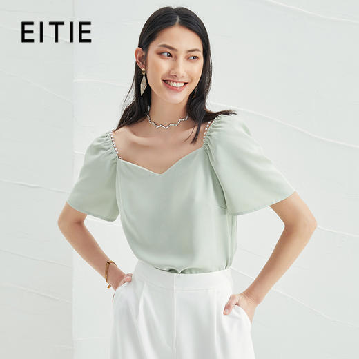 EITIE爱特爱夏新款通勤显瘦直筒短款一字肩泡泡袖雪纺衫上衣B2213910 商品图0