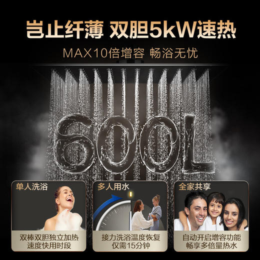 史密斯60升电热水器 家用 双胆扁桶 纤薄黑科技 双擎5kW速热 10倍MAX增容 五维净化系统 EWH-60HGA一级能效 商品图3