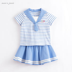marcjanie马克珍妮夏装新款 女童海军领条纹短袖套装212627