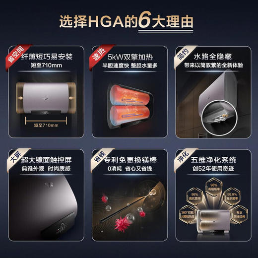 史密斯60升电热水器 家用 双胆扁桶 纤薄黑科技 双擎5kW速热 10倍MAX增容 五维净化系统 EWH-60HGA一级能效 商品图1