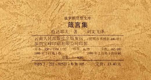 俄罗斯思想文库两种《重病的俄罗斯》《箴言集》，俄罗斯 梅尼日科夫斯基、恰达耶夫著，云南人民出版社1999年一版一印，两册总定价27.2，售价58元，非偏远地区包邮。品相8.5-9成。 商品图4