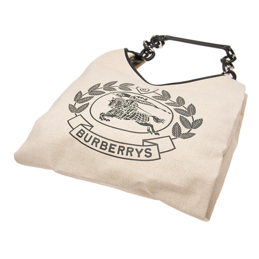 【二】BURBERRY 巴宝莉 女士中号战马徽标印花帆布皮革单肩购物袋 米白色 4075566 00100 商品图3