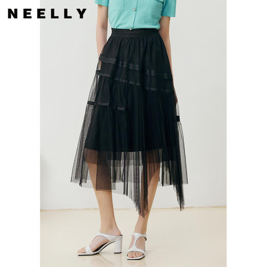 NEELLY纳俪商场同款网纱拼接半身裙女不规则纱裙夏季松紧腰A字裙N22041E01025 商品图2