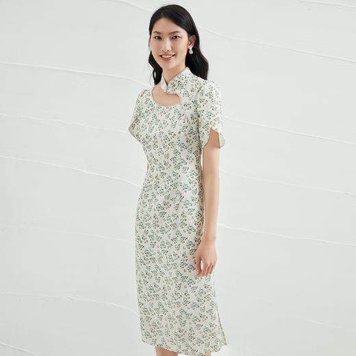 EITIE爱特爱夏新款立领镂空清新碎花温柔气质改良旗袍连衣裙B2207968 商品图3