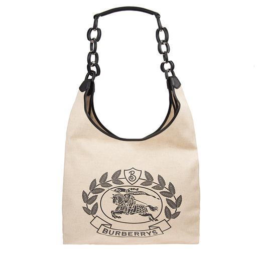 【二】BURBERRY 巴宝莉 女士中号战马徽标印花帆布皮革单肩购物袋 米白色 4075566 00100 商品图0