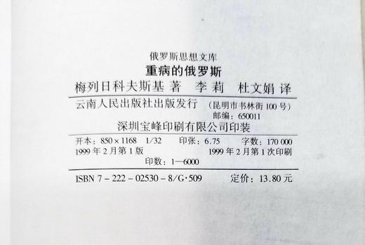 俄罗斯思想文库两种《重病的俄罗斯》《箴言集》，俄罗斯 梅尼日科夫斯基、恰达耶夫著，云南人民出版社1999年一版一印，两册总定价27.2，售价58元，非偏远地区包邮。品相8.5-9成。 商品图3